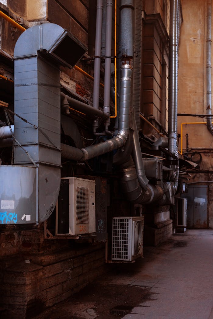 Crafting Captivating Headlines: Your awesome post title goes here Close-up of urban building exterior with air conditioning units and pipes in an industrial district.
